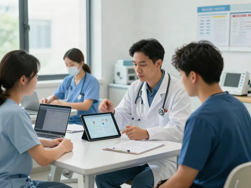 Patient learning about CAR T-cell treatment with healthcare professionals in a bright hospital environment.