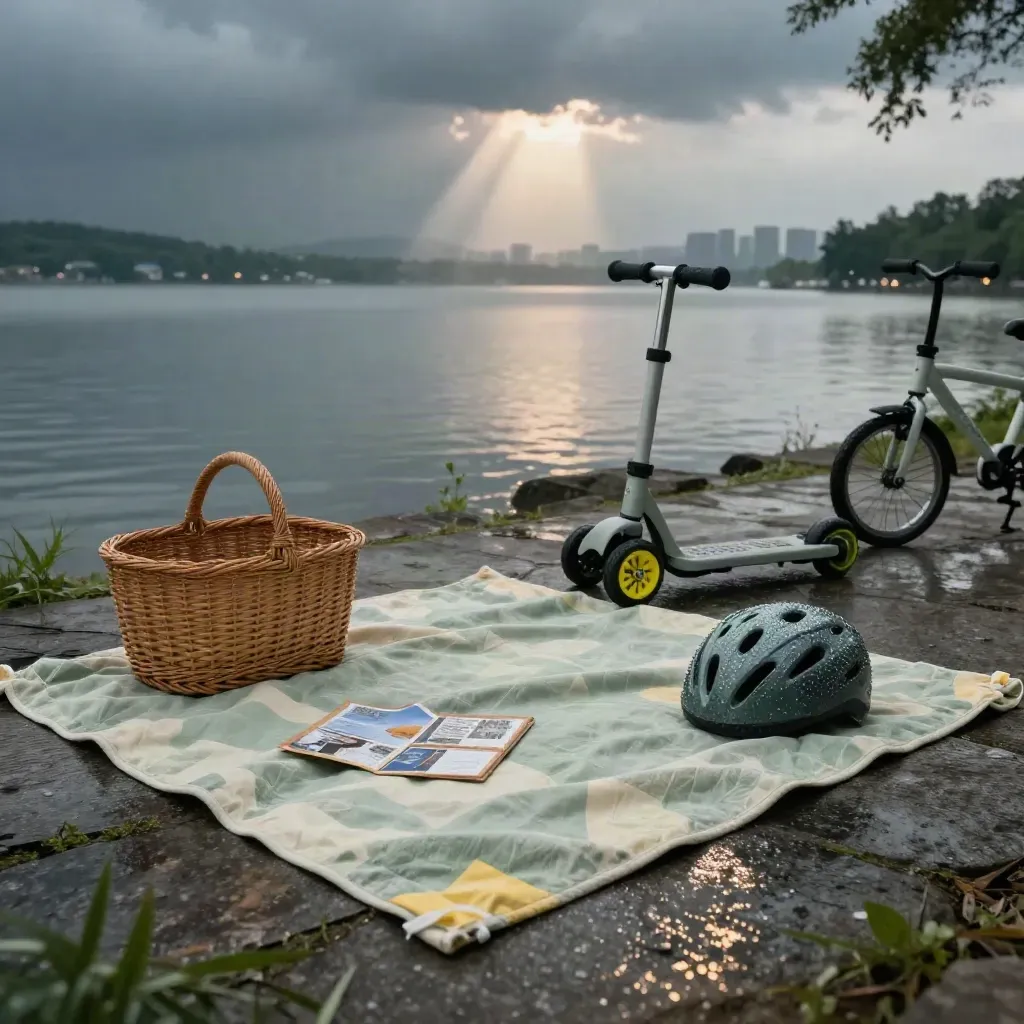 Rain-wet lakefront weekend items with blanket, basket, scooter, postcards, and helmet at dusk