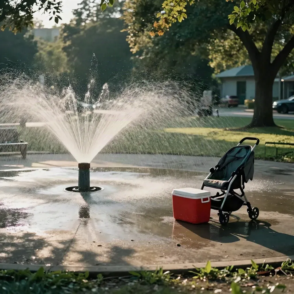 Splash pad spray beads around stepping stones, red cooler and folded stroller by shade trees.