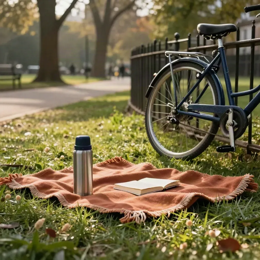 Picnic blanket, thermos, paperback, and bike in late sun at a quiet city park