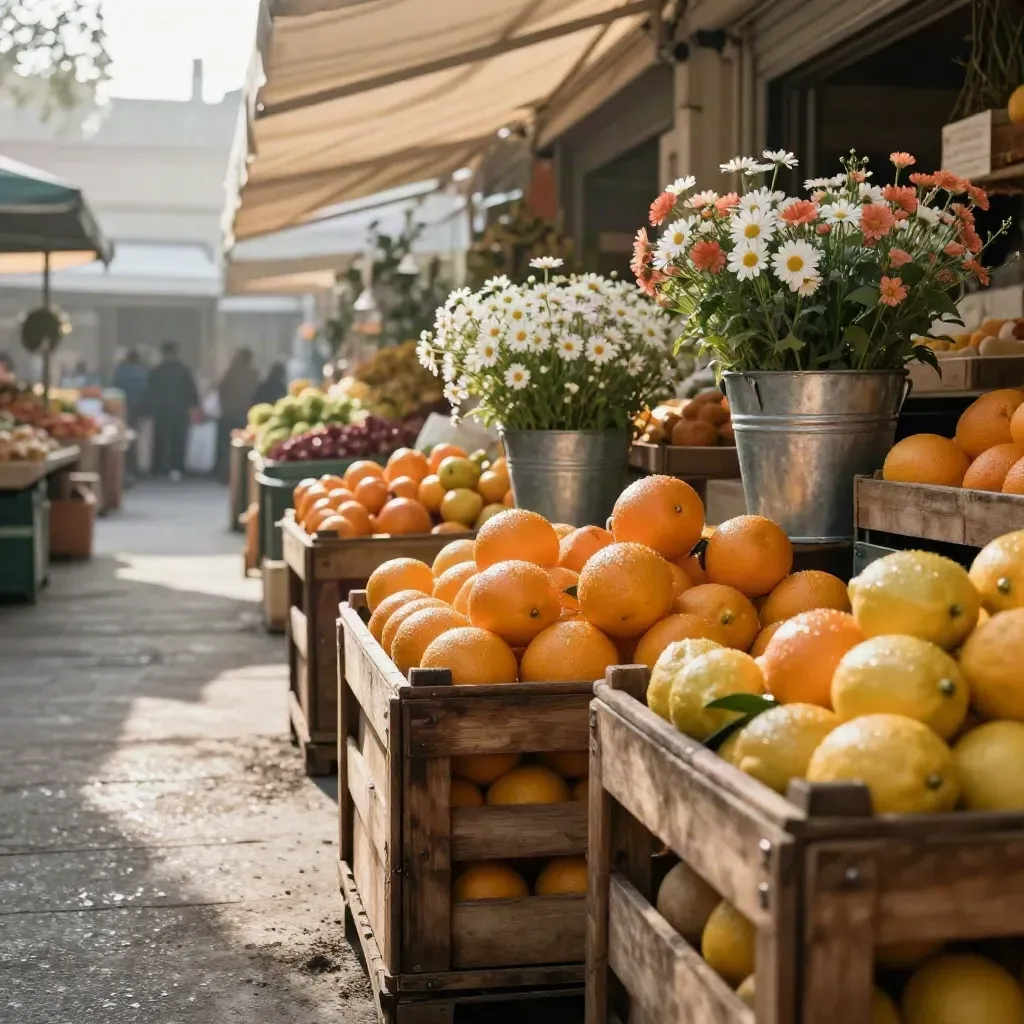 Close-up market aisle with citrus crates, flower buckets, and hanging canvas awnings