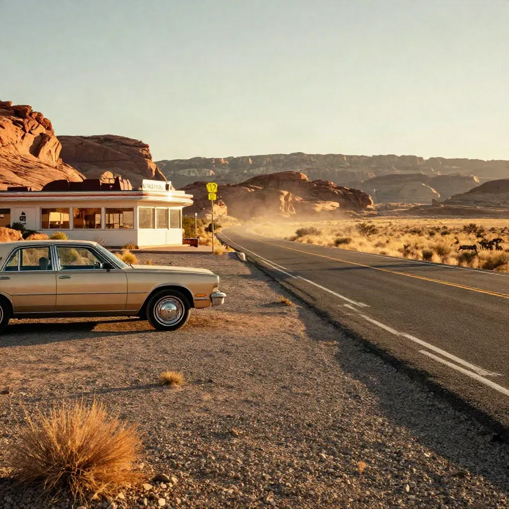 Red-rock pull-off with a diner, vintage sedan, and highway shimmering in desert heat.