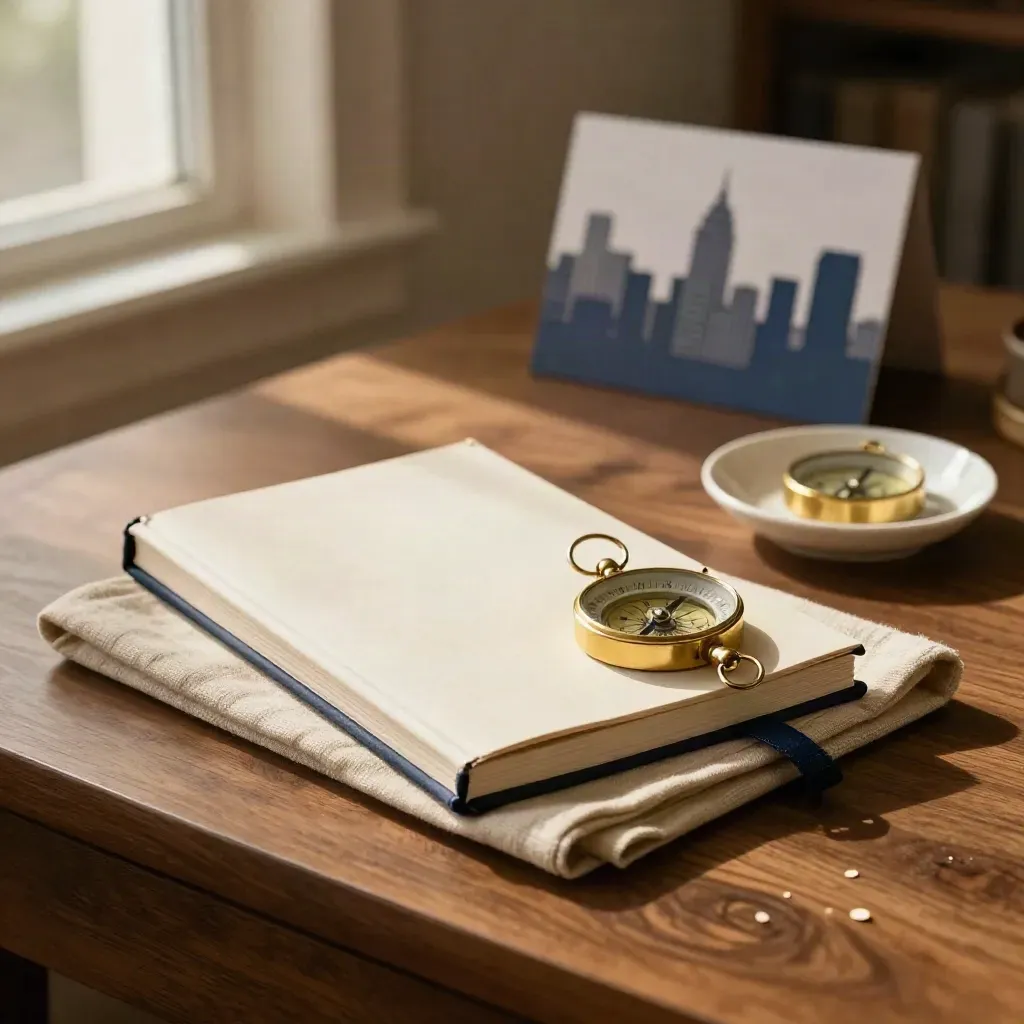 Guidebook, brass compass, linen and ceramic dish on a walnut desk in soft light.