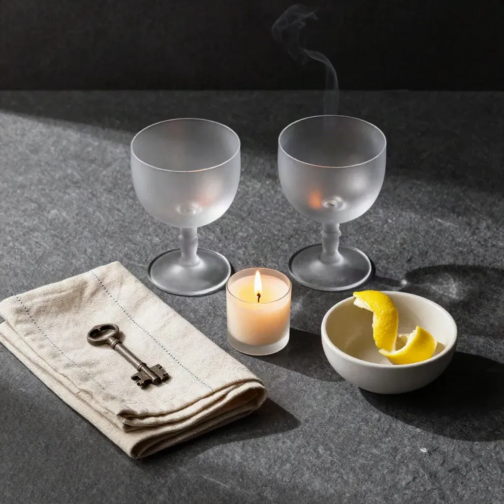 Overhead date-night flatlay with coupe glasses, candle, linen napkin, and ceramic bowl on dark stone.